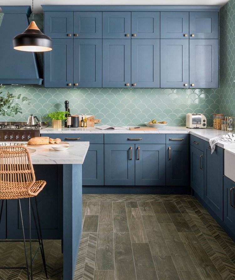 modern kitchen ideas blue cabinets tile backsplash