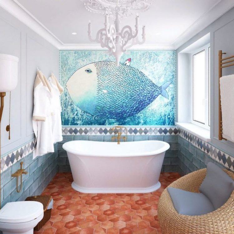 original wall decor in ocean themed bathroom and freestanding tub