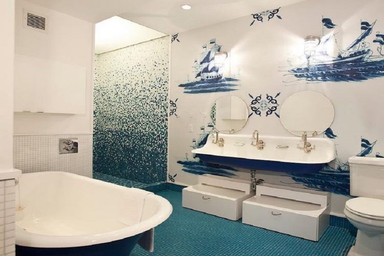 nautical bathroom in white and blue colors