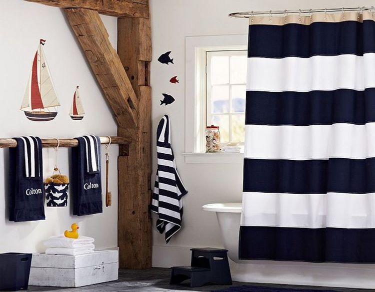 nautical decor in bathroom white and blue stripes