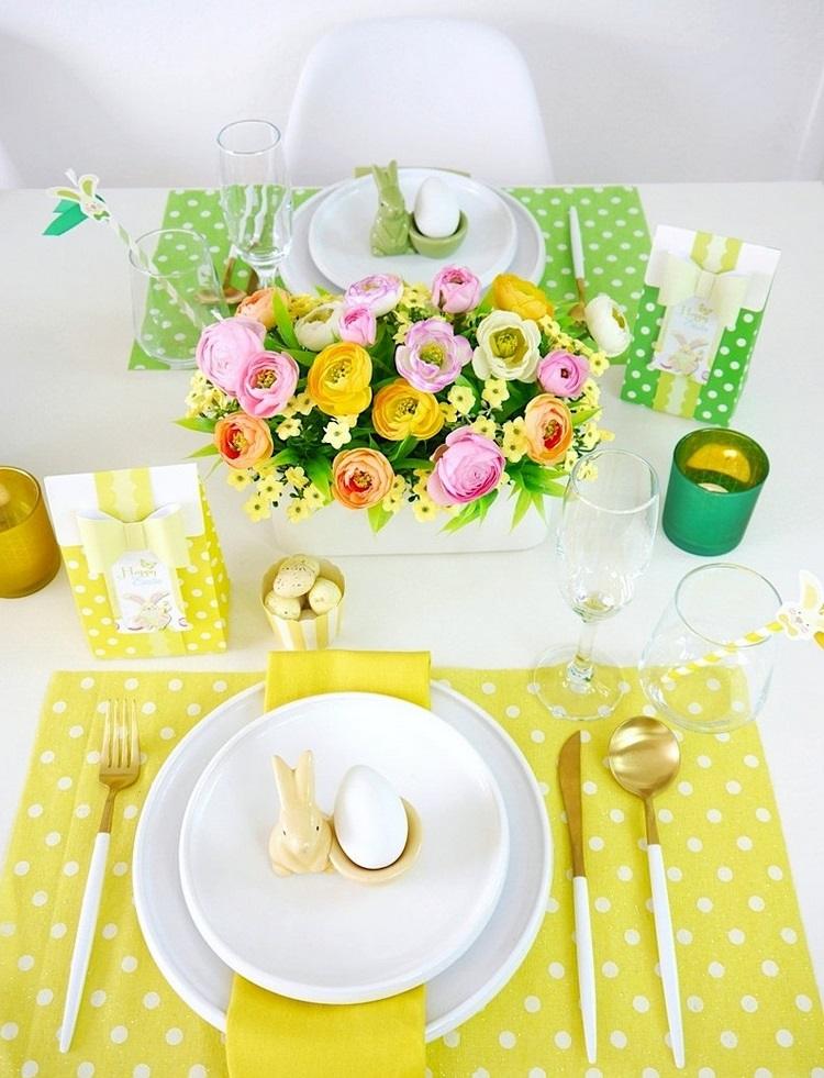 pastel easter tablescape polka dot placemats floral centerpiece