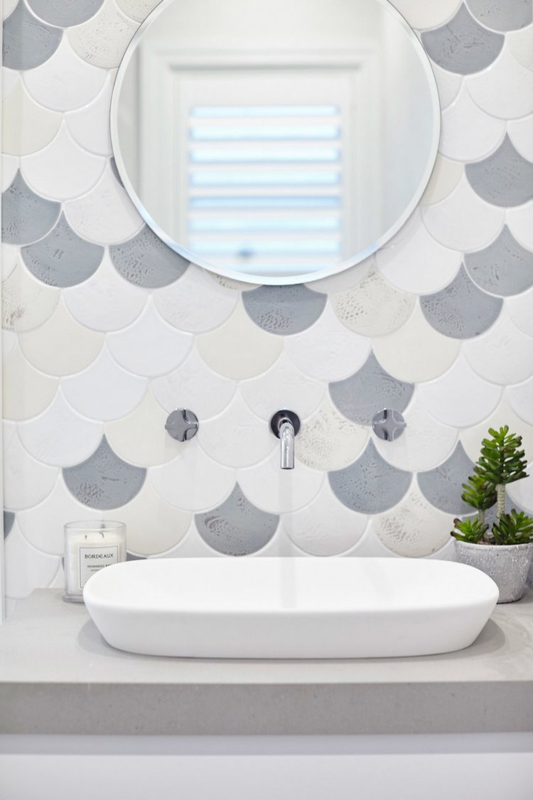powder room ideas wall tile fish scale pattern