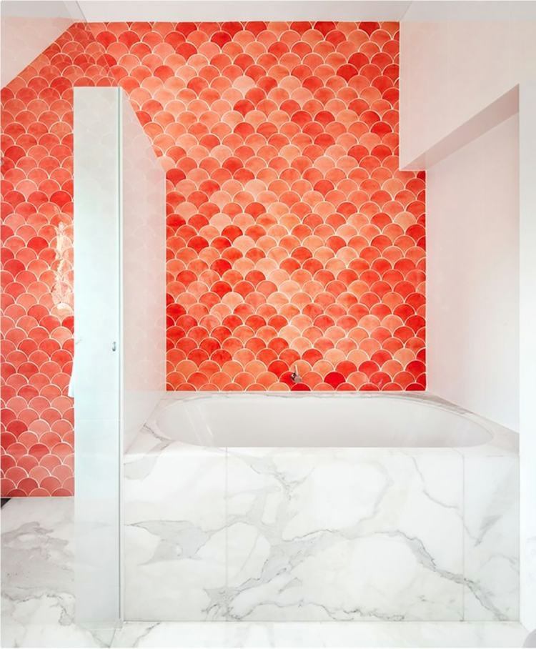 red orange fish scale tiles custom made bathroom wall covering