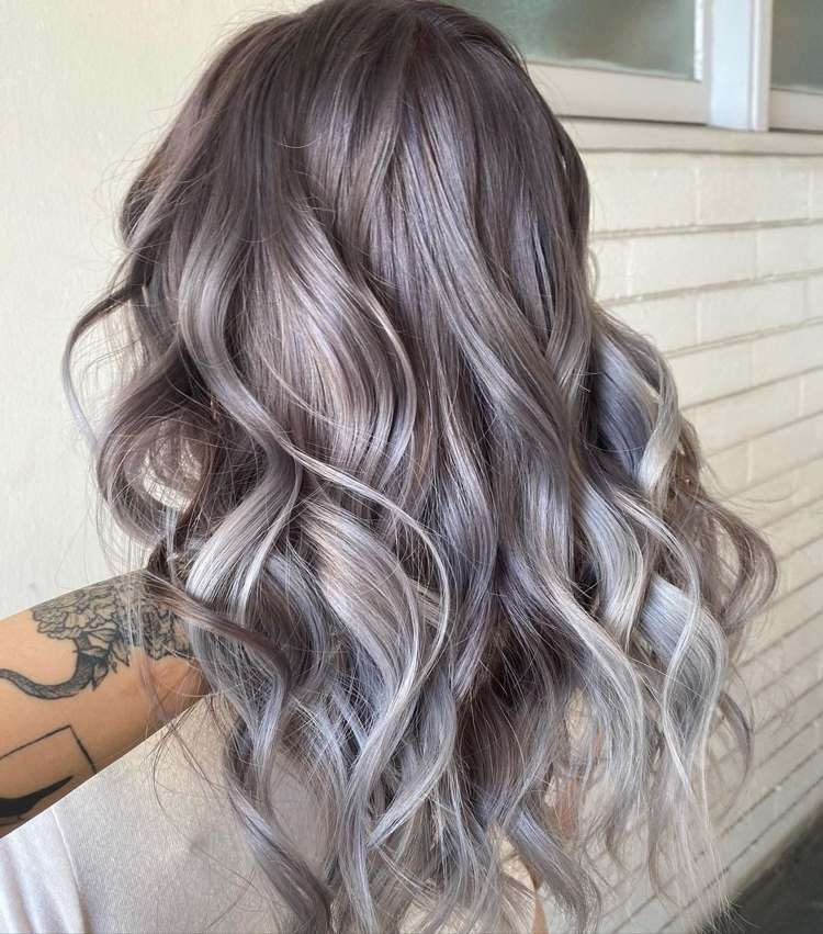silver balayage in purple hair