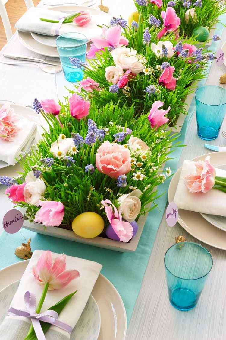 spring flowers centerpiece for Easter table