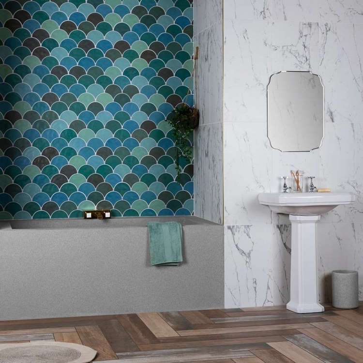 teal fish scale tiles bathroom decor ideas