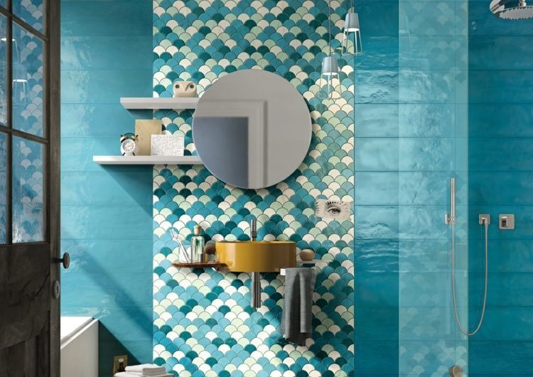 turquoise fish scale tiles idea custom wall covering bathroom