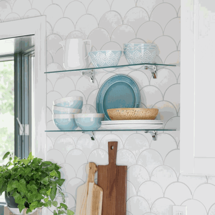 white kitchen fish scale tiles floating glass shelves