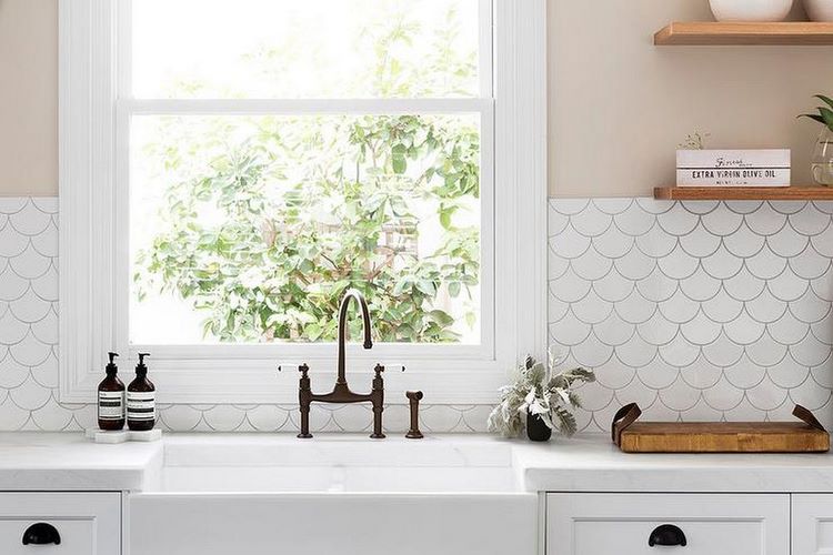 white tile backsplash apron sink floating shelves kitchen design ideas
