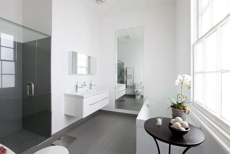 Dark gray flooring modern bathroom design