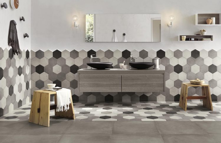 bathroom decorating ideas wall and floor honeycomb tiles