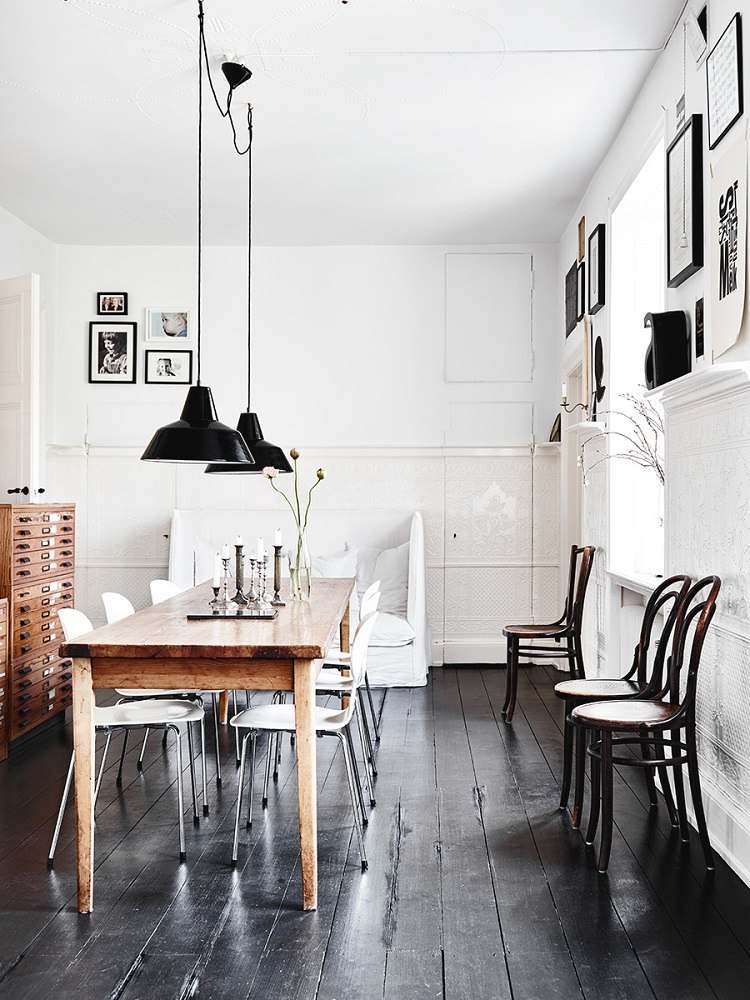 black floor white walls interiors in contrasting colors