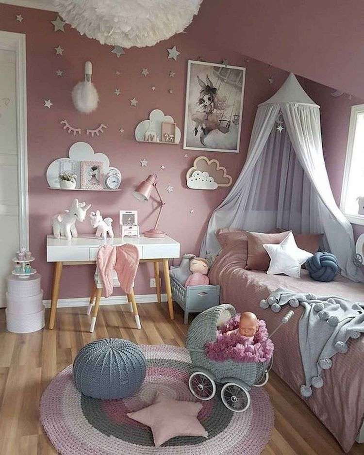 girl-room-decor-ideas-pink-gray-colors-carpet-and-pouf