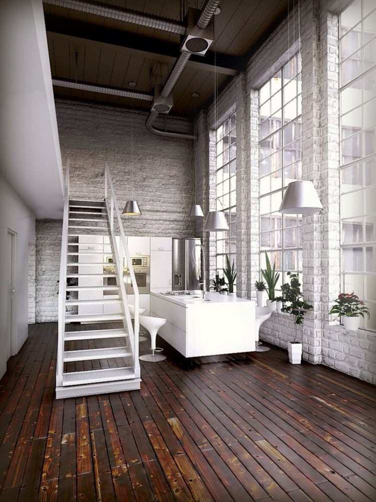 industrial interior design dark wood floor whitewashed brick wall