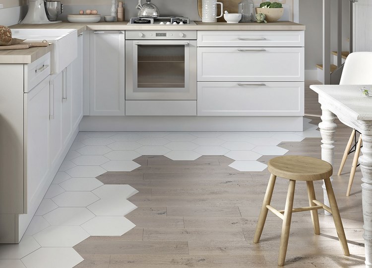 kitchen flooring ideas wood and hexagonal tiles