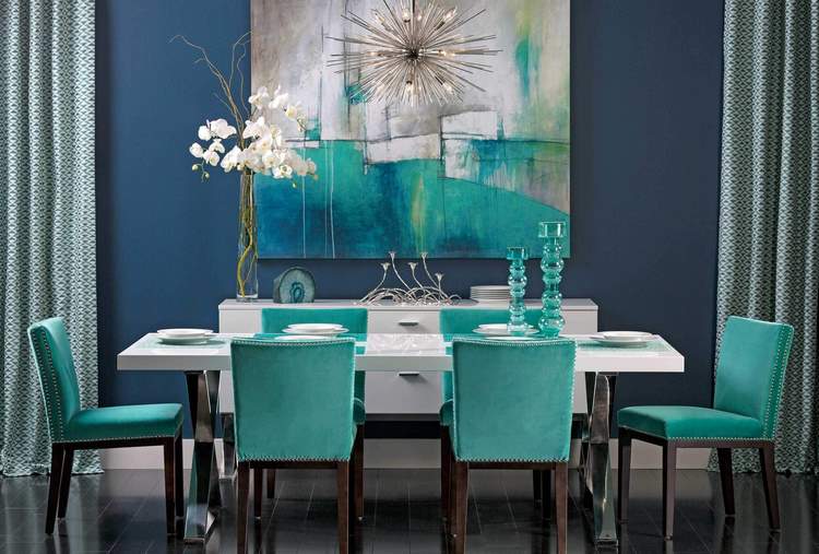 modern dining room design white table tiffany blue chair upholstery