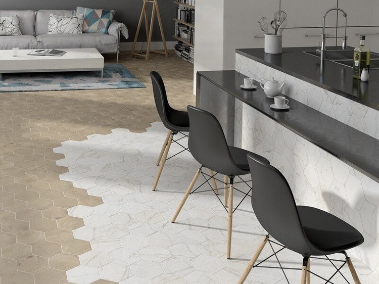 open plan living space flooring with hexagonal tiles