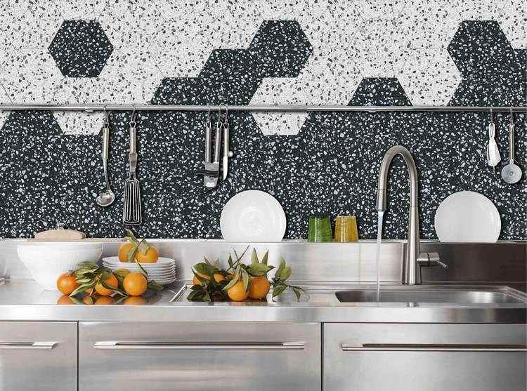 kitchen backsplash ideas black white mosaic pattern honeycomb tiles