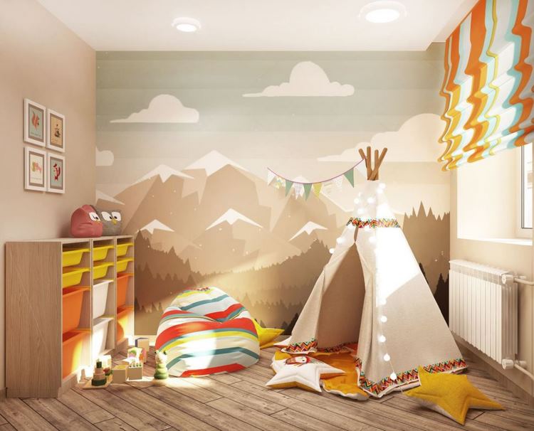 playroom with teepee floor cushions and bean bag