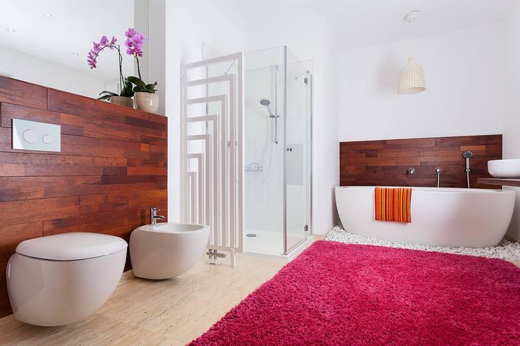 red carpet accent color in modern bathroom design