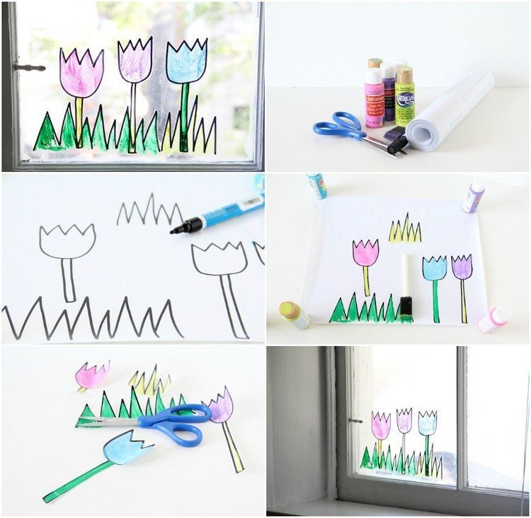 window decorating ideas Easter spring tulips paint