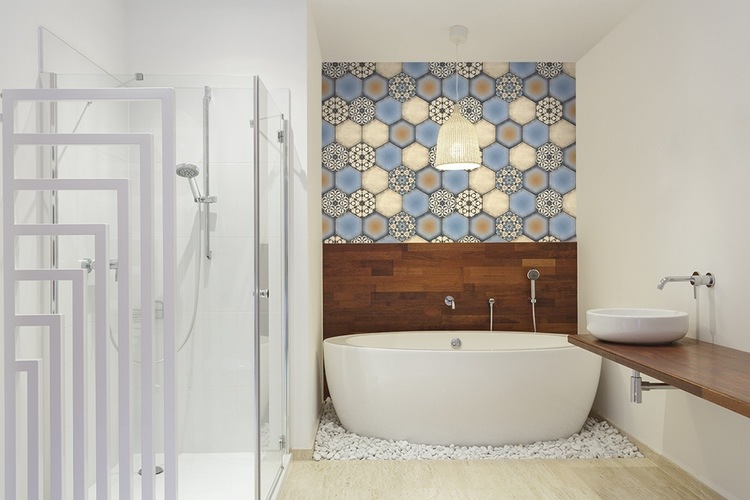 accent wall in bathroom design wood and honeycomb tile combination