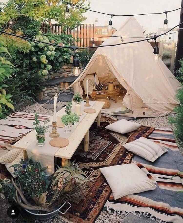 Bohemian garden design ideas backyard tent area rugs seating