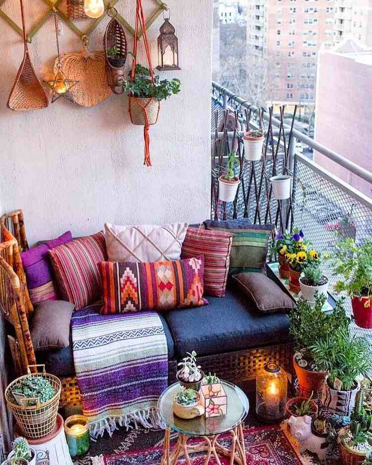 bohemian style balcony decor colorful pillows area rug