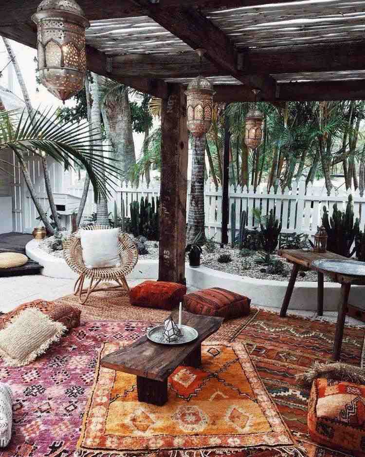 carpets cushions lanterns boho patio ideas