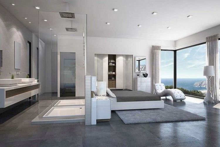 contemporary bedroom design with open concept bathroom