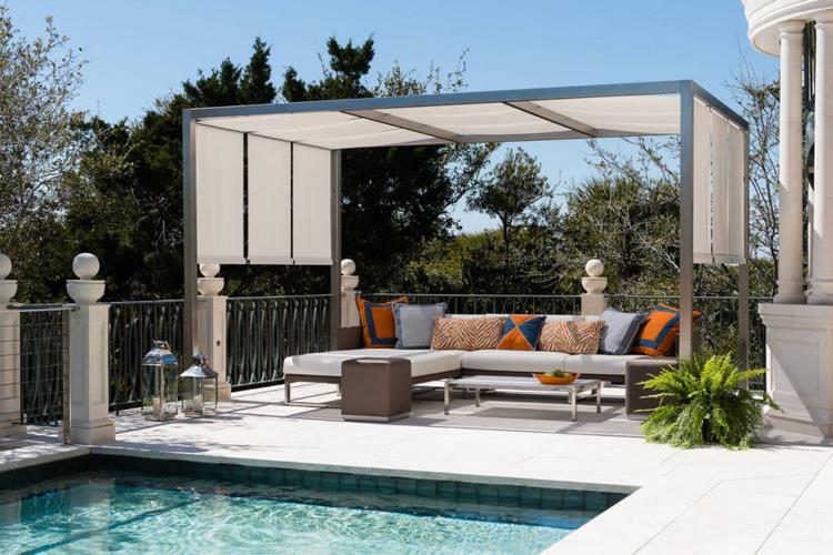 poolside structures ideas covered pergola with fixed fabric roof