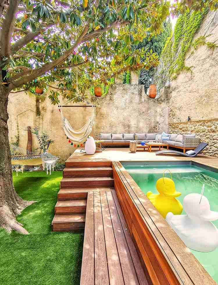 raised pool with deck backyard design ideas