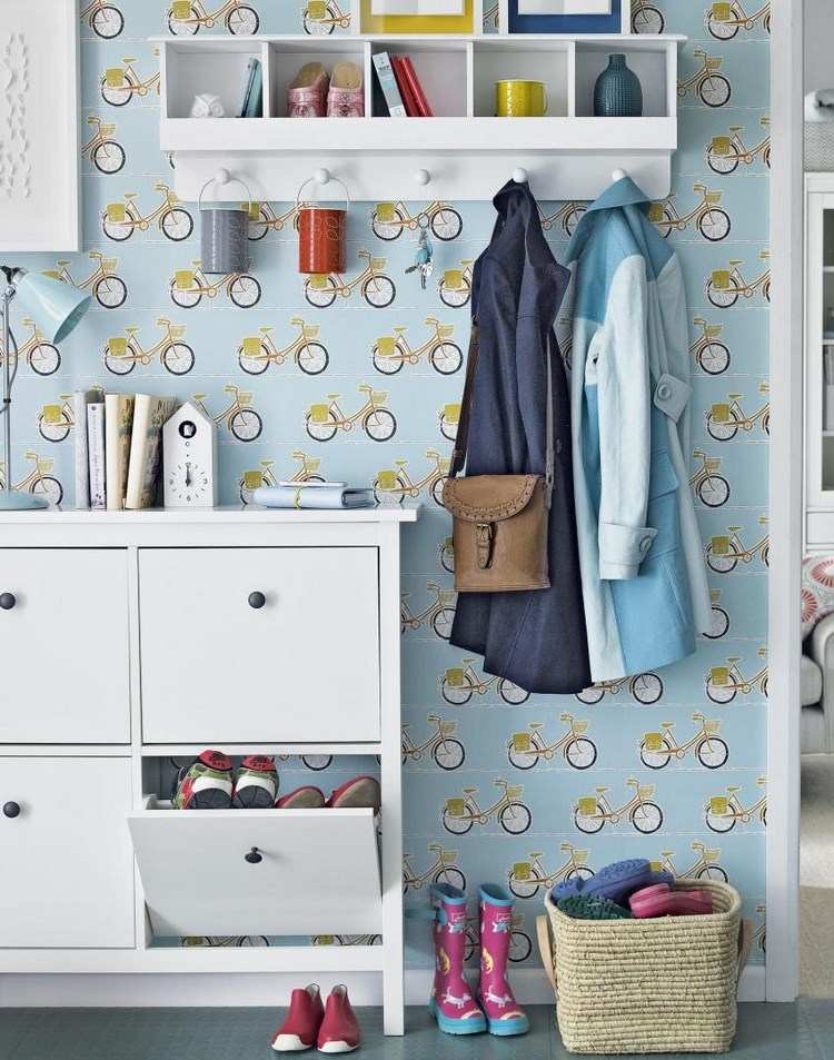 compact furniture ideas shoe rack and wall shelves in small hallway
