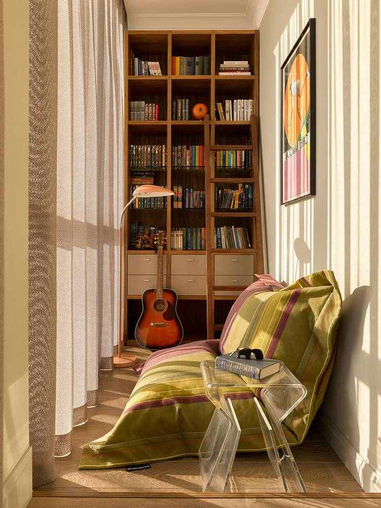small balcony reading corner open shelves curtains