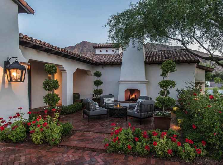 Romantic Mediterranean Style Patio Ideas plants fireplace deck