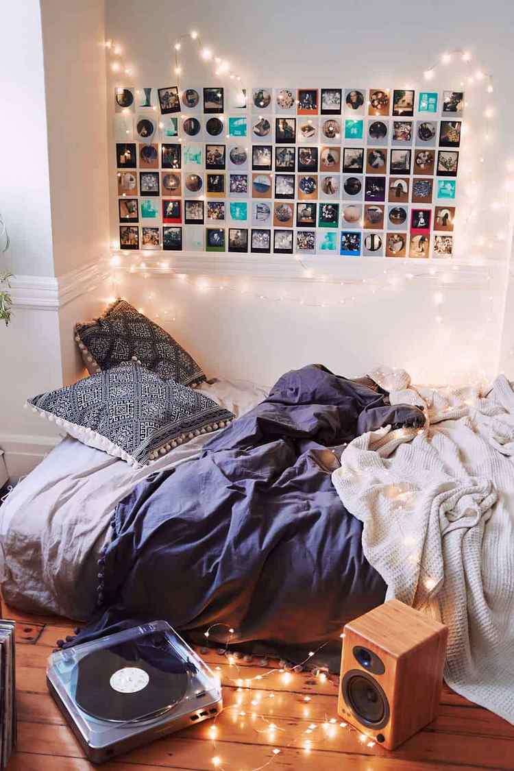 bedroom wall decorating ideas string lights and photos