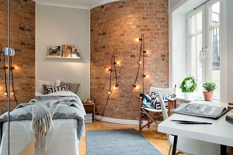 home decor ideas exposed brick wall string lights