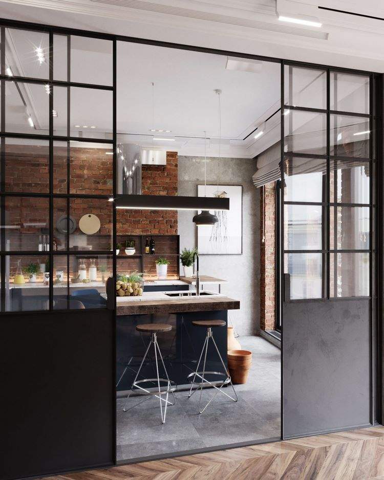 industrial kitchen design with glass partition wall