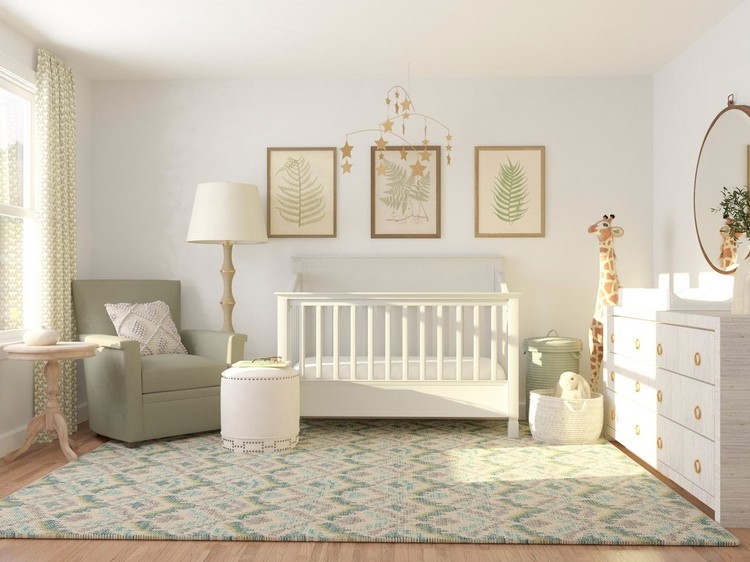 neutral colors in baby girl room white furniture gray armchair