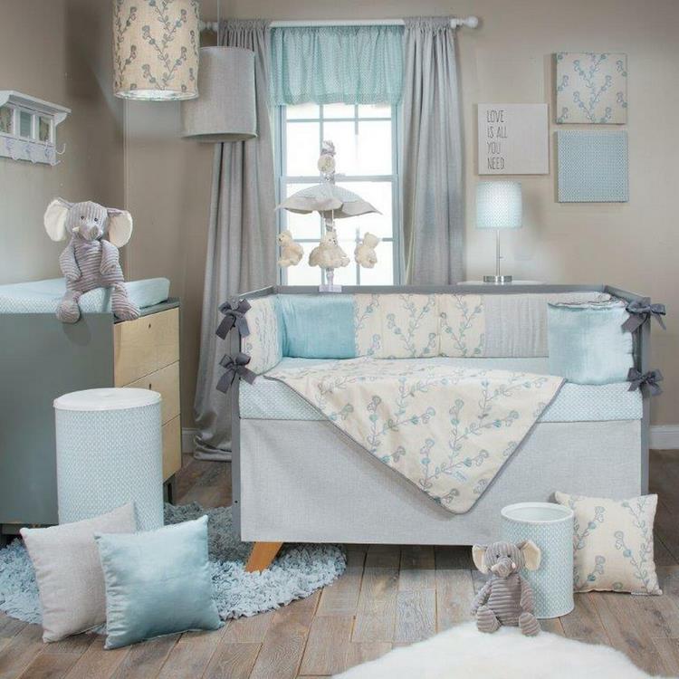 neutral colors in nursery room with blue accents