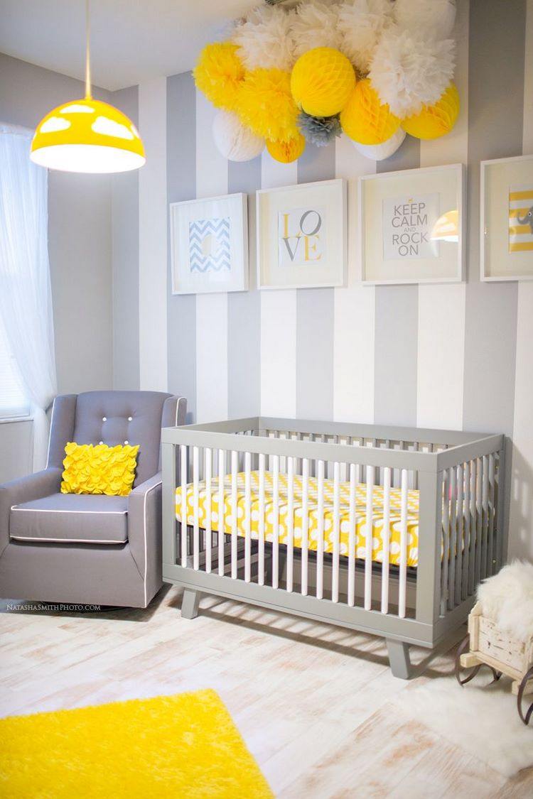 white and gray baby room yellow accent color