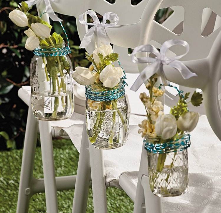 DIY mason jar and flowers chair decorations idea