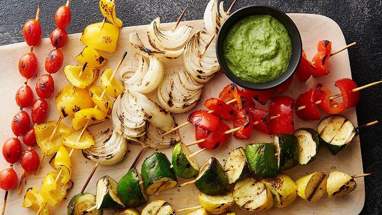 Grilled Vegetable Skewers with Pesto Sauce