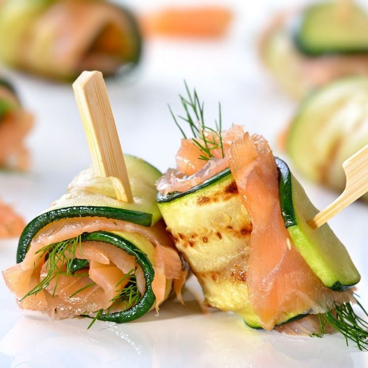 Grilled zucchini roll ups with smoked salmon and cream cheese