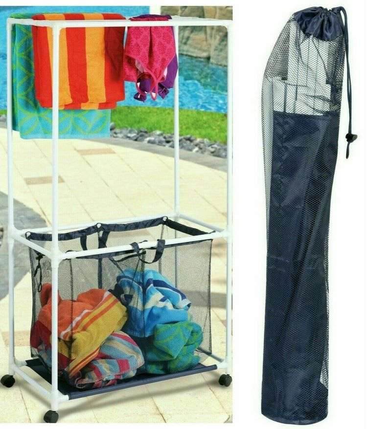 Outdoor towel storage ideas Pool Mesh Bin Rolling Cart