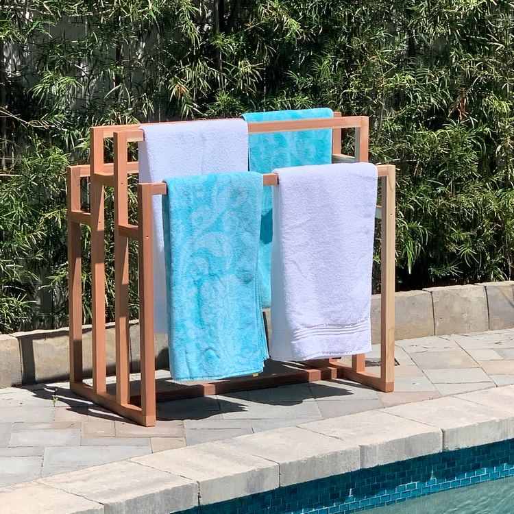 wooden pool towel rack