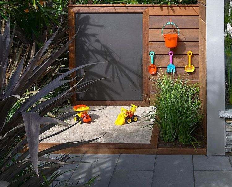 backyard playground ideas DIY sandpit and chalkboard