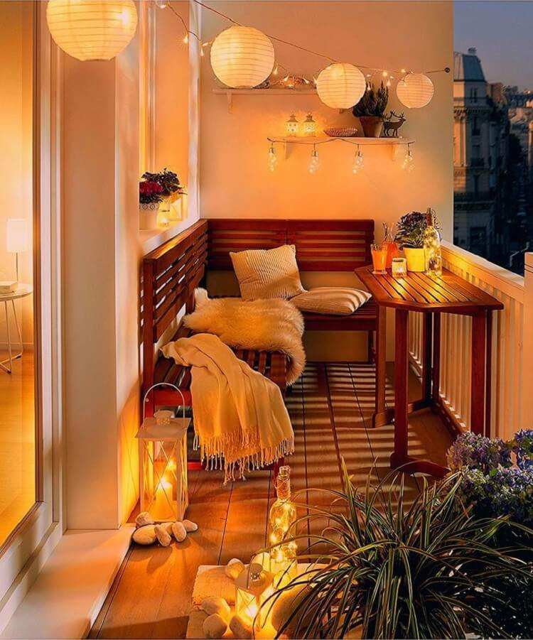 balcony design and decor ideas string lights wooden bench