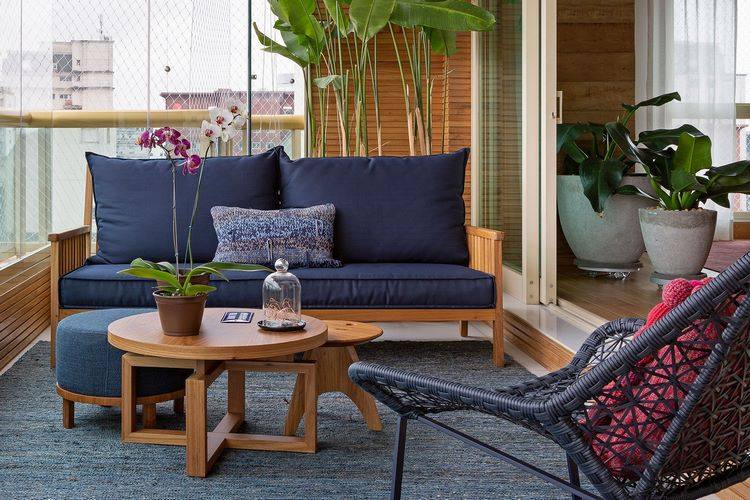 balcony design and furniture ideas wooden sofa and coffee table