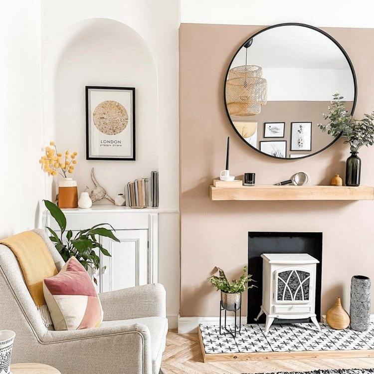 blush pink accent wall in living room